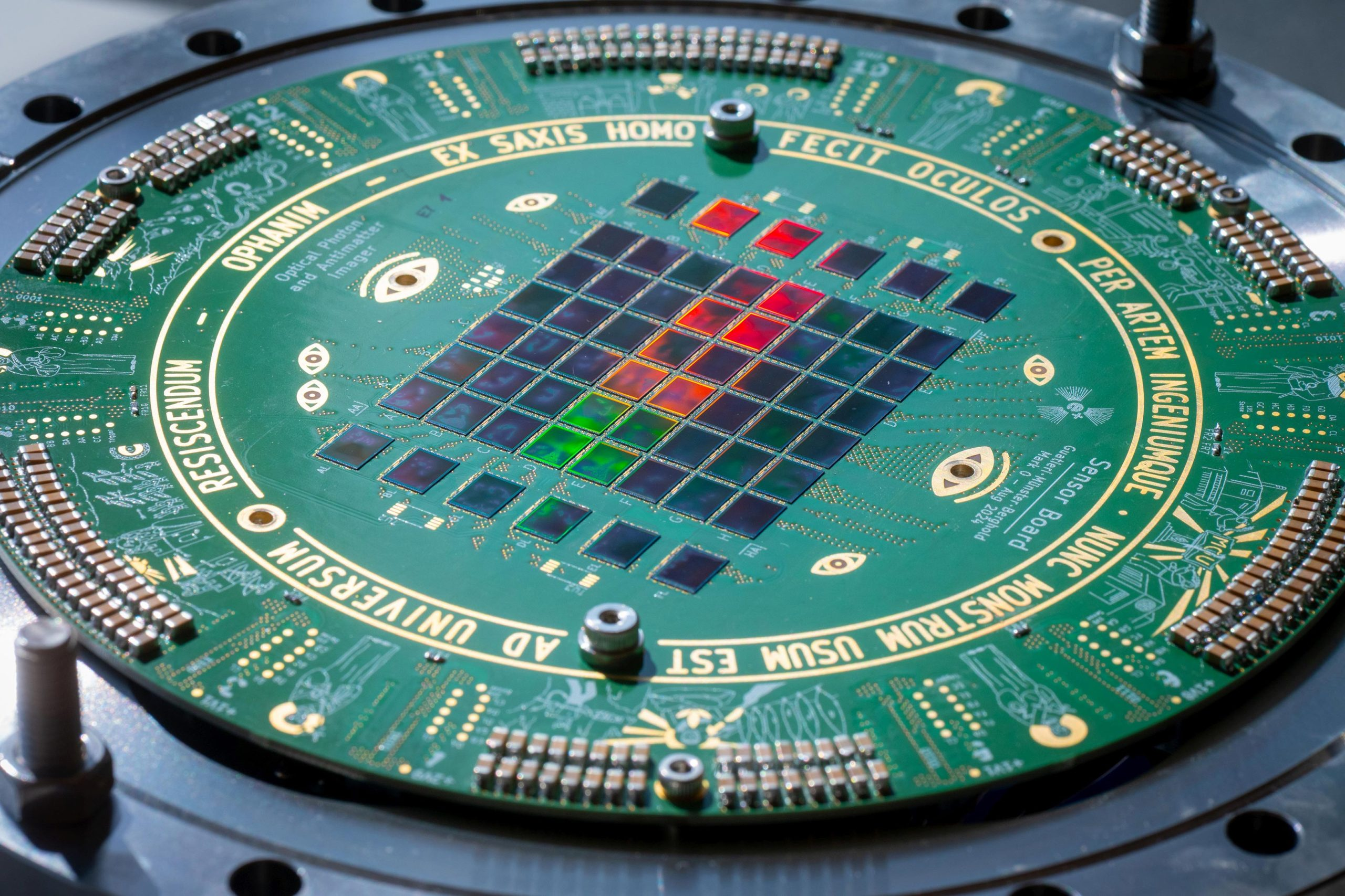 A circular circuit board with various icons and a text in latin along the circumference and multicoloured squares in the centre.